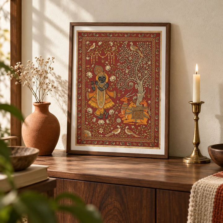 Indian Folk Art Print, a small A4 framed print leaning on a walnut side table in a hallway