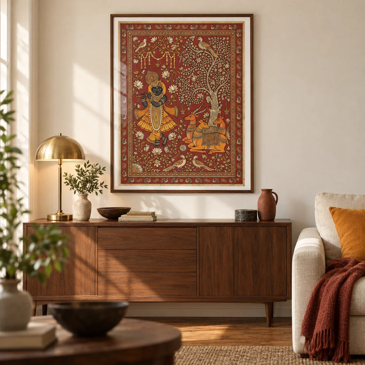 Indian Folk Art Print, framed on the wall of a warm living room in a Victorian terrace with cream plaster walls and a timber floor