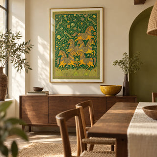 Indian Horse Art Print, framed on the wall of a characterful dining room with warm cream walls and a muted olive painted alcove