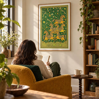 Indian Horse Art Print, framed on the wall of a quiet reading corner in a characterful adult home with a warm ivory wall and an oak bookcase to one side in a living room