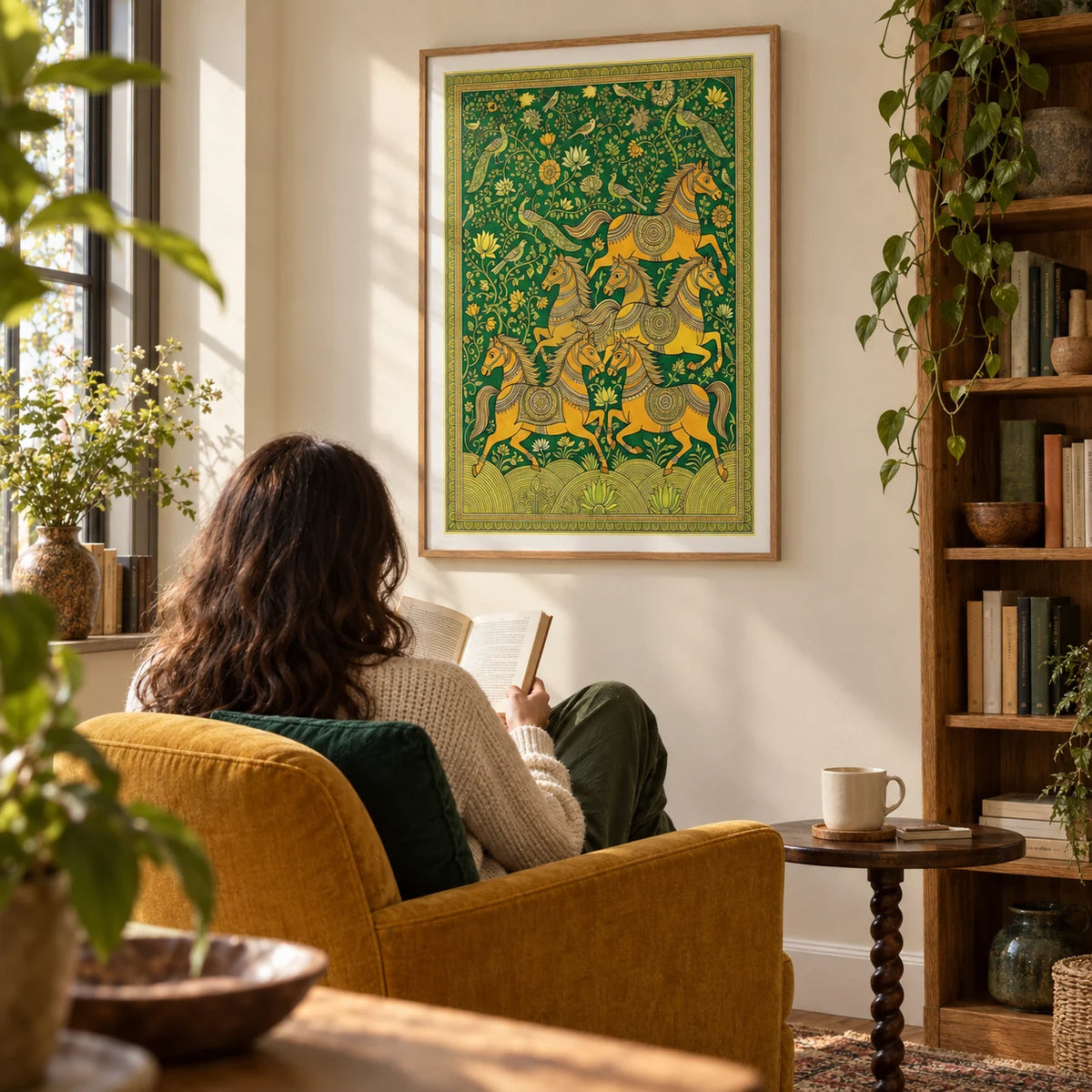 Indian Horse Art Print, framed on the wall of a quiet reading corner in a characterful adult home with a warm ivory wall and an oak bookcase to one side in a living room