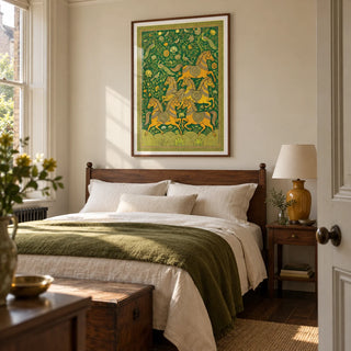 Indian Horse Art Print, framed on the wall of a restful bedroom in a British period home with pale cream walls and dark wooden floorboards