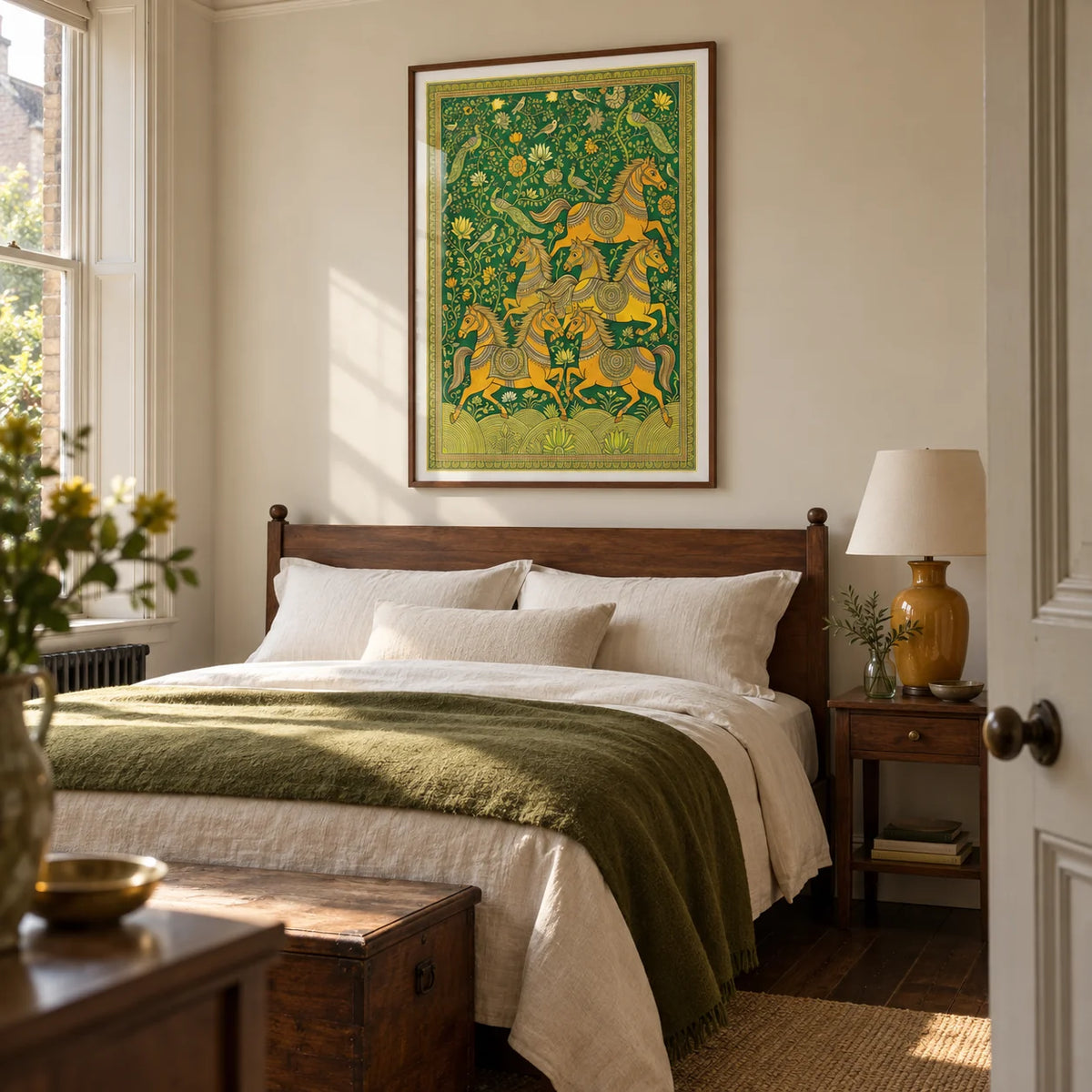 Indian Horse Art Print, framed on the wall of a restful bedroom in a British period home with pale cream walls and dark wooden floorboards