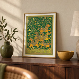 Indian Horse Art Print, a small A4 framed print leaning on a dark walnut side table in a hallway