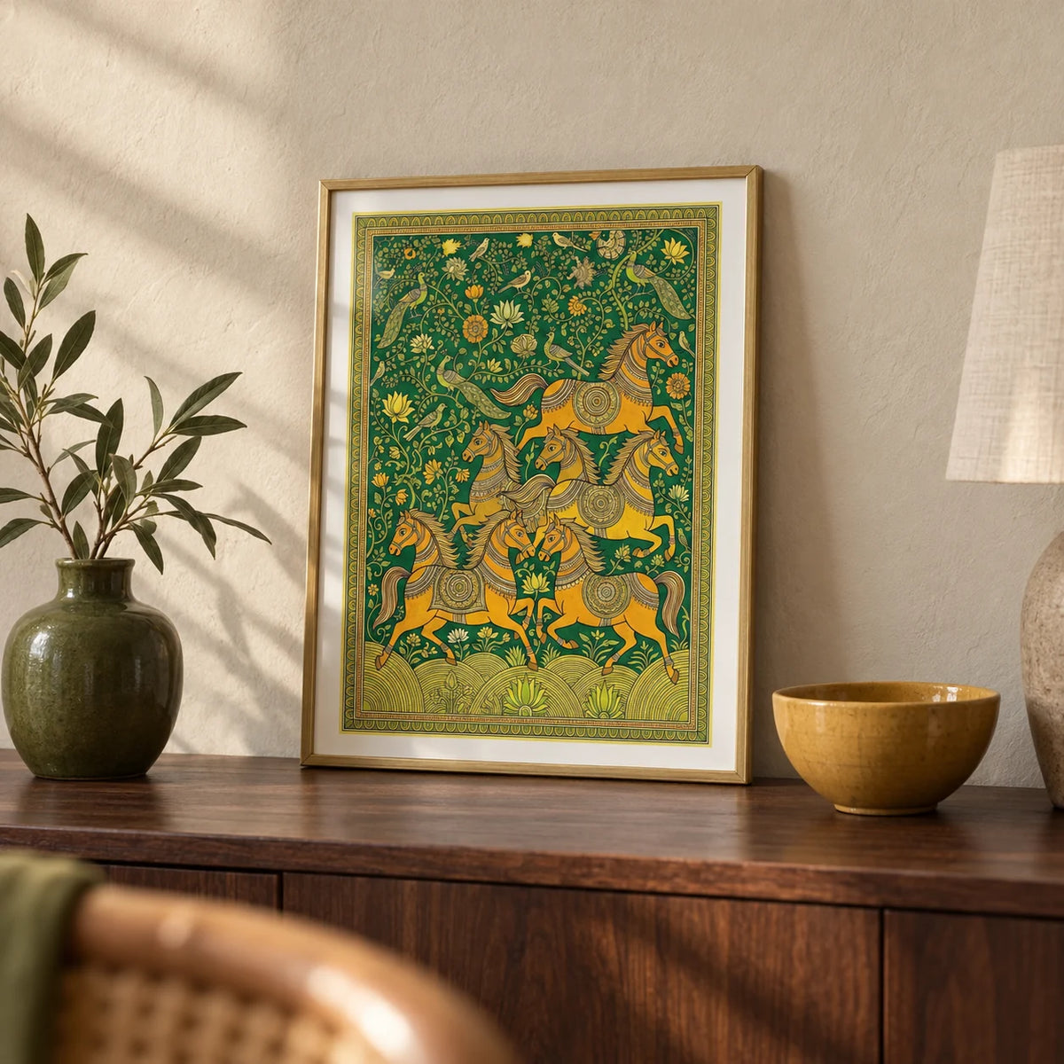 Indian Horse Art Print, a small A4 framed print leaning on a dark walnut side table in a hallway