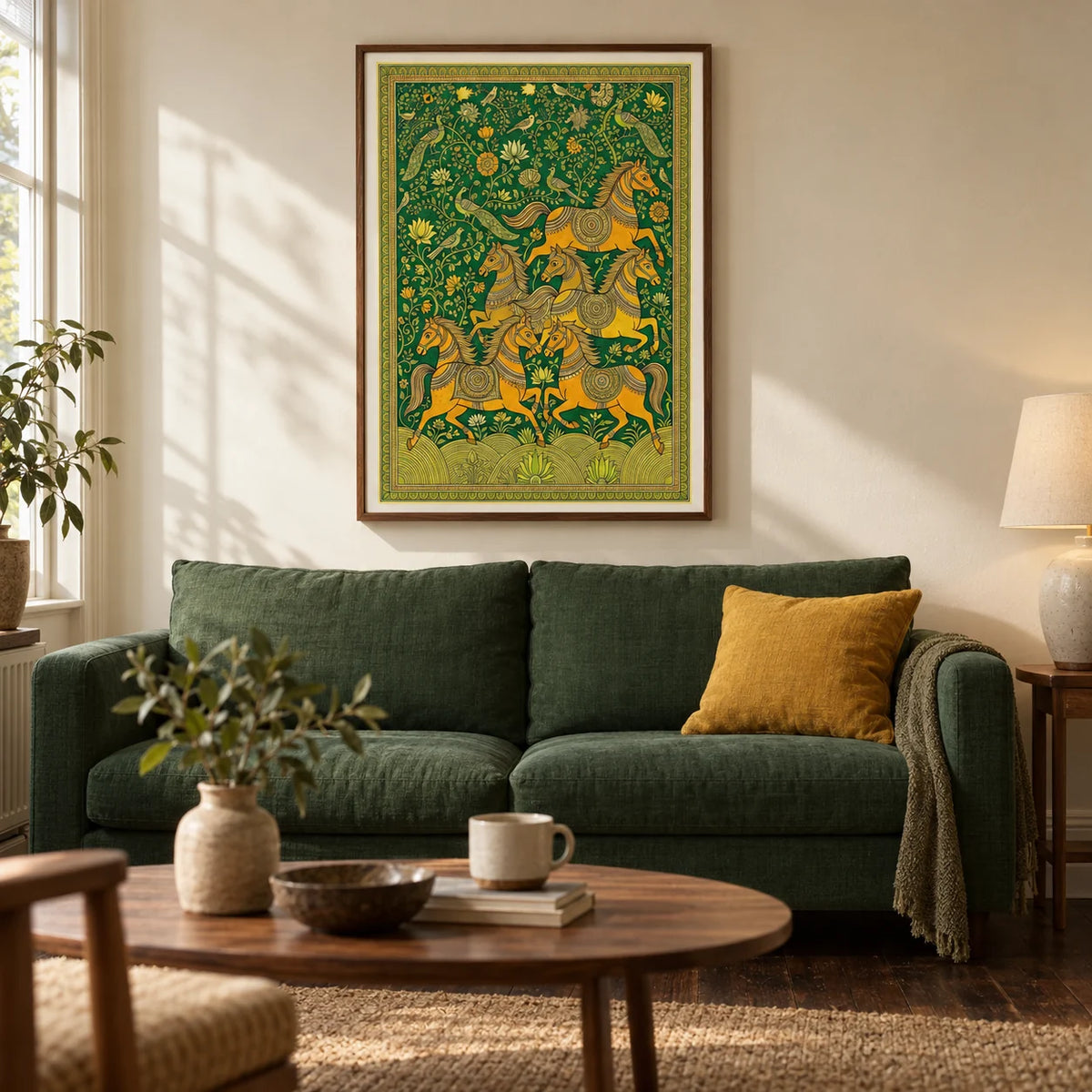 Indian Horse Art Print, framed on the wall of a warm living room in a British terraced house with ivory plaster walls and dark wooden floorboards