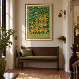 Indian Horse Art Print, framed on the wall of a welcoming hallway in a Victorian terrace with pale warm plaster walls and terracotta floor tiles