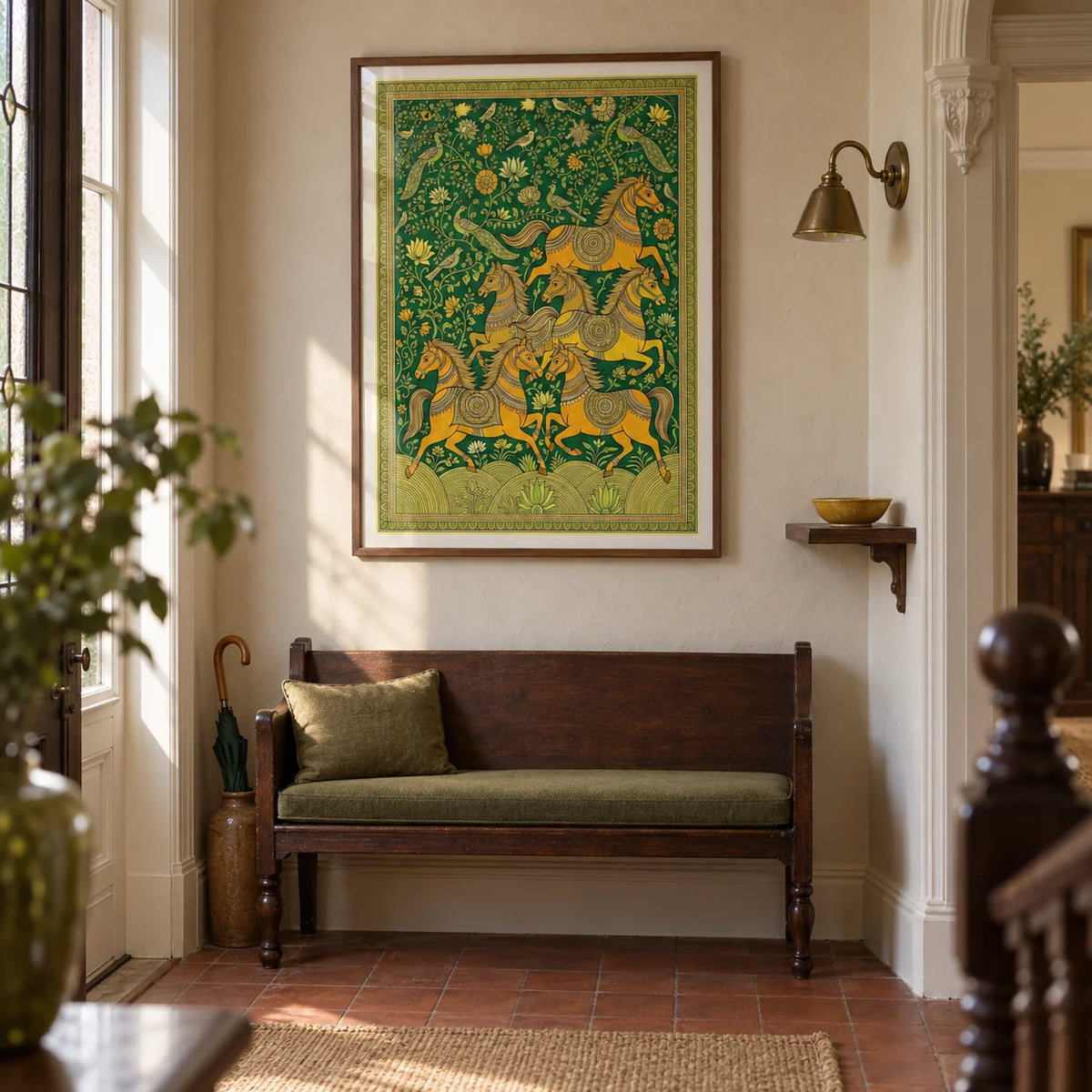 Indian Horse Art Print, framed on the wall of a welcoming hallway in a Victorian terrace with pale warm plaster walls and terracotta floor tiles