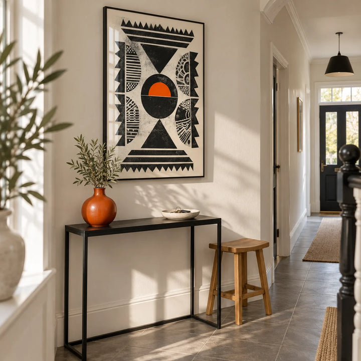 Indian Pattern Wall Art, framed on the wall of a bright entrance hallway in a UK terraced house with ivory walls and a smooth grey stone floor