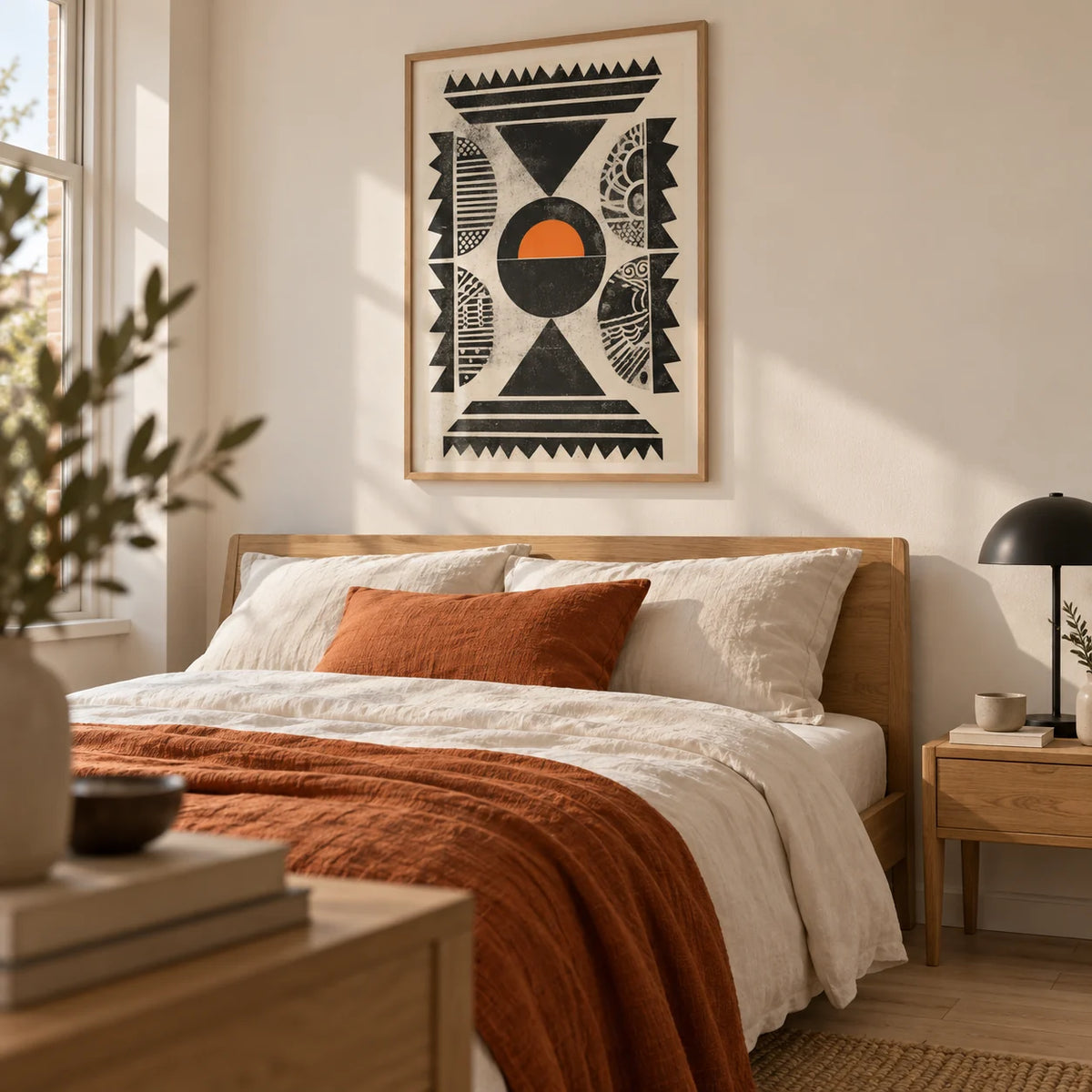 Indian Pattern Wall Art, framed on the wall of a contemporary bedroom in a UK flat with warm white walls and pale oak floorboards