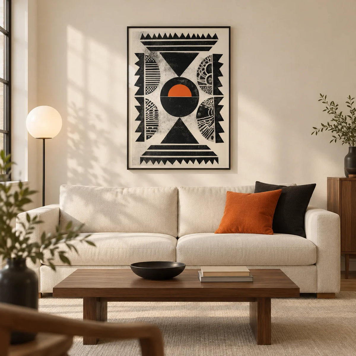 Indian Pattern Wall Art, framed on the wall of a contemporary living room in a UK city flat with warm ivory walls