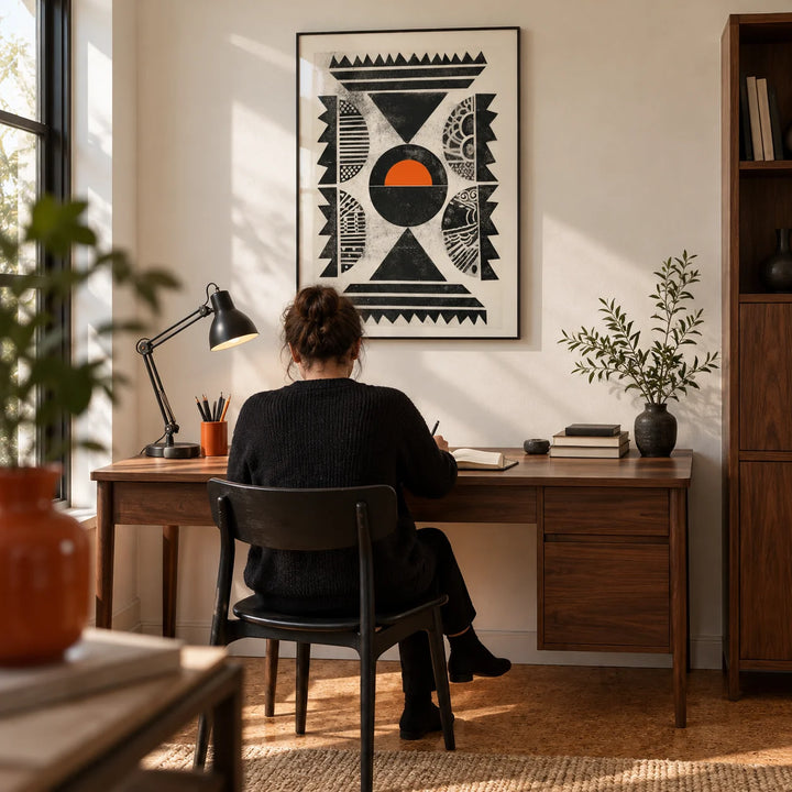 Indian Pattern Wall Art, framed on the wall of a design-conscious home study with an ivory wall and a plain cork floor