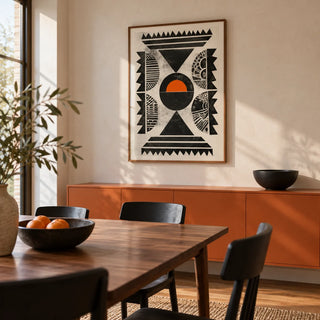 Indian Pattern Wall Art, framed on the wall of a modern dining room in a renovated UK terrace with a pale plaster wall and a long low orange-painted cabinet