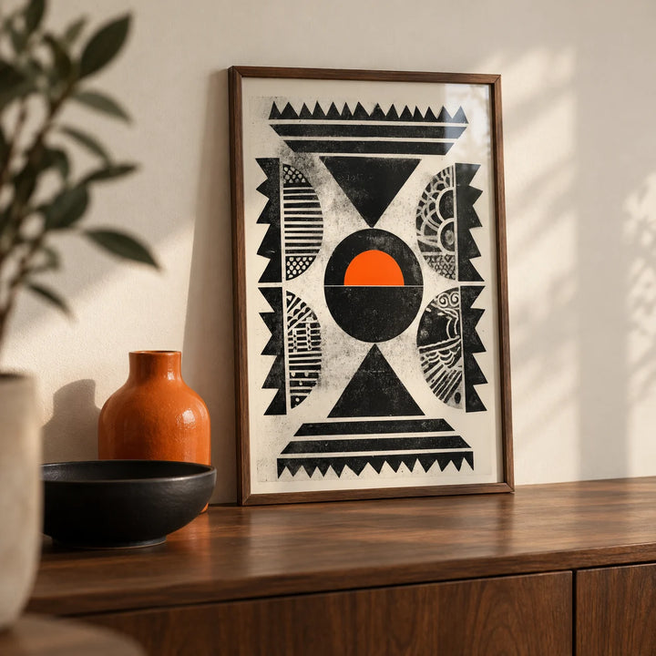 Indian Pattern Wall Art, a small A4 framed print leaning on a walnut sideboard in a living room