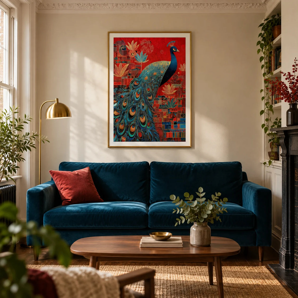 Indian Peacock Art Print, framed on the wall of a characterful living room in a UK Victorian terrace with warm ivory walls