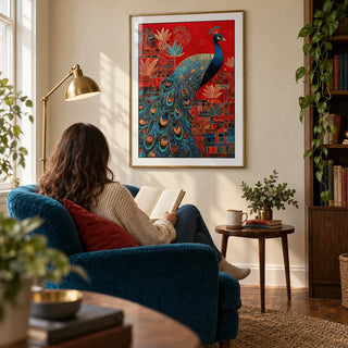 Indian Peacock Art Print, framed on the wall of a quiet reading corner in a UK home with a warm ivory wall and walnut floorboards in a living room