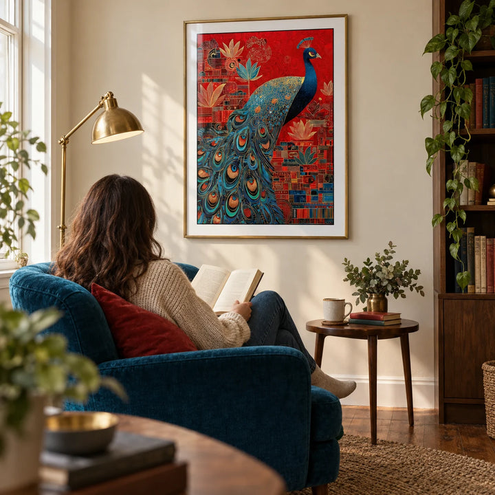 Indian Peacock Art Print, framed on the wall of a quiet reading corner in a UK home with a warm ivory wall and walnut floorboards in a living room