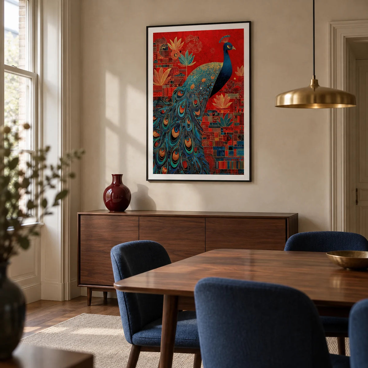 Indian Peacock Art Print, framed on the wall of a refined dining room in a UK townhouse with pale warm plaster walls and a walnut dining table