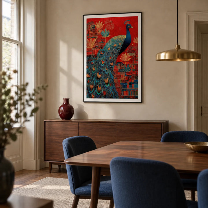 Indian Peacock Art Print, framed on the wall of a refined dining room in a UK townhouse with pale warm plaster walls and a walnut dining table
