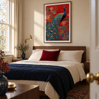 Indian Peacock Art Print, framed on the wall of a rich but uncluttered main bedroom in a UK period flat with warm cream walls