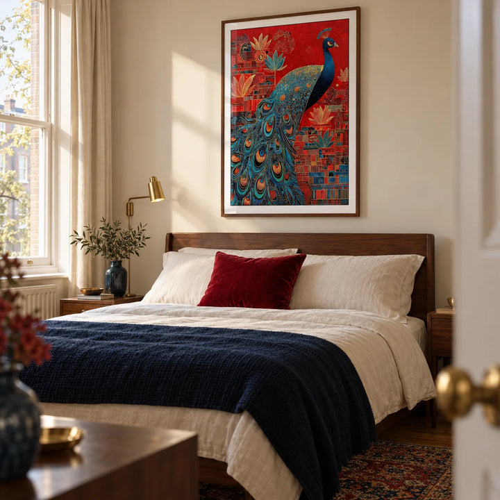 Indian Peacock Art Print, framed on the wall of a rich but uncluttered main bedroom in a UK period flat with warm cream walls
