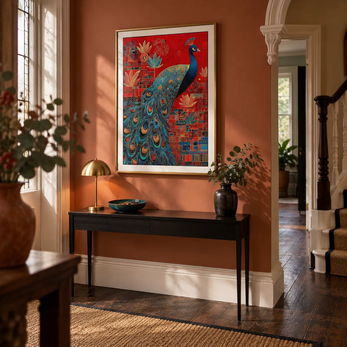 Indian Peacock Art Print, framed on the wall of a welcoming hallway in a renovated UK Edwardian house with muted terracotta walls and dark timber floorboards