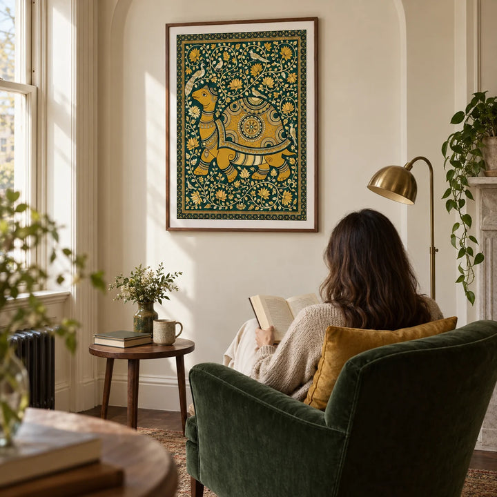 Indian Style Turtle Poster, framed on the wall of a quiet reading corner in a period flat with a cream wall and a shallow arched alcove in a living room