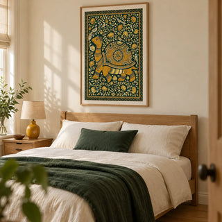 Indian Style Turtle Poster, framed on the wall of a restful adult bedroom in a terraced house with warm cream walls and an oak floor