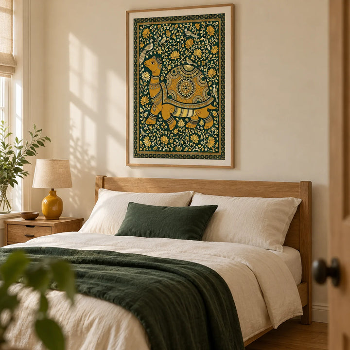 Indian Style Turtle Poster, framed on the wall of a restful adult bedroom in a terraced house with warm cream walls and an oak floor