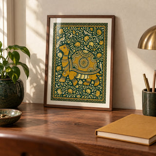 Indian Style Turtle Poster, a small A4 framed print leaning on a walnut writing desk