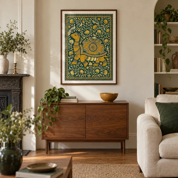 Indian Style Turtle Poster, framed on the wall of a warm living room in a Victorian terrace with cream plaster walls