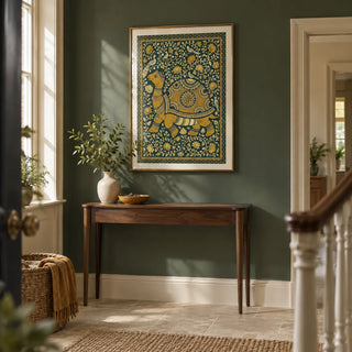 Indian Style Turtle Poster, framed on the wall of a welcoming hallway in a British semi-detached home with muted forest green walls
