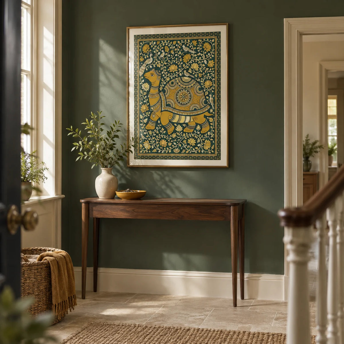 Indian Style Turtle Poster, framed on the wall of a welcoming hallway in a British semi-detached home with muted forest green walls