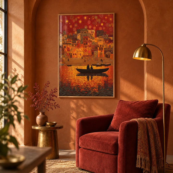 Indian Sunset Wall Art, framed on the wall of a reading corner with an arched plaster niche in a living room