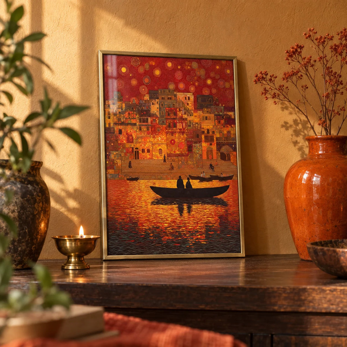 Indian Sunset Wall Art, a small A4 framed print leaning on a dark wood shelf in a living room