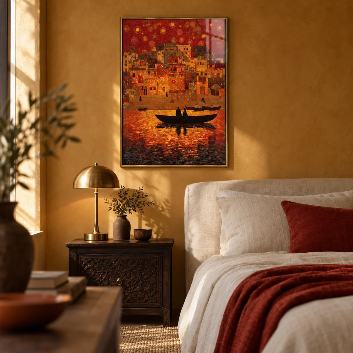 Indian Sunset Wall Art, framed on the wall of a warm bedroom with an ochre plaster wall