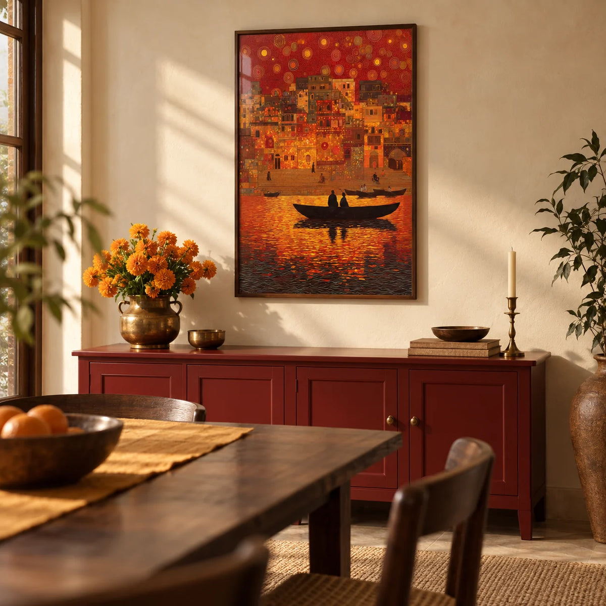 Indian Sunset Wall Art, framed on the wall of a warm dining room