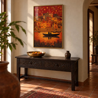 Indian Sunset Wall Art, framed on the wall of a warm hallway with a terracotta tiled floor in plain tiles