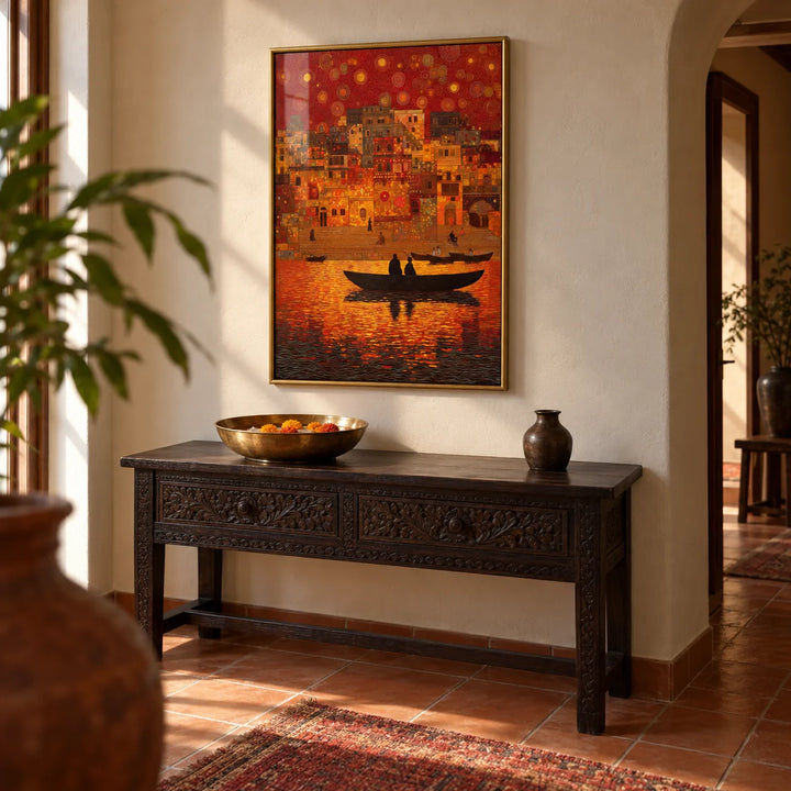 Indian Sunset Wall Art, framed on the wall of a warm hallway with a terracotta tiled floor in plain tiles