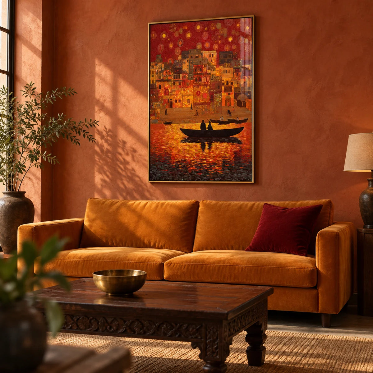 Indian Sunset Wall Art, framed on the wall of a warm Indian-modern living room with a terracotta limewashed wall