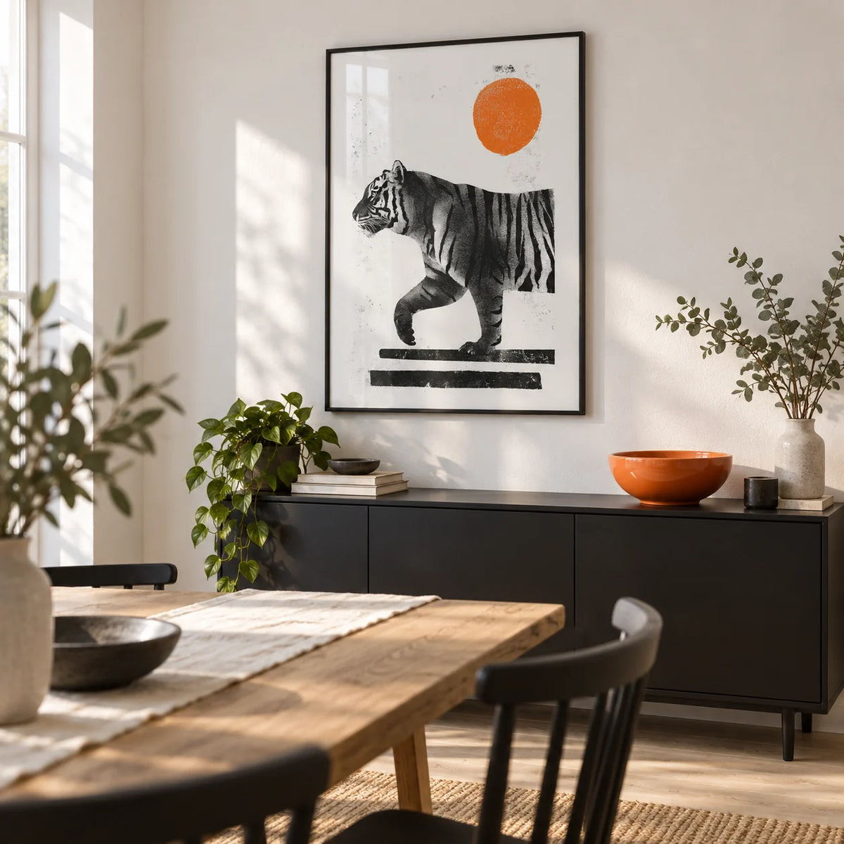 Indian Tiger Print, framed on the wall of a compact modern dining room in a UK first home with a white wall and pale timber floor