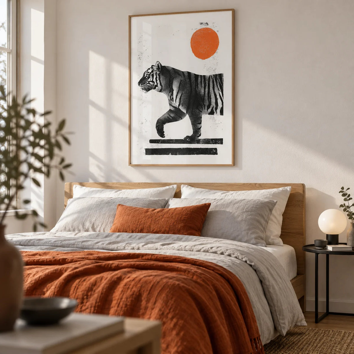 Indian Tiger Print, framed on the wall of a contemporary adult bedroom with a soft white wall