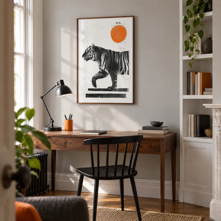 Indian Tiger Print, framed on the wall of a contemporary home study in a Victorian terrace with a pale grey wall