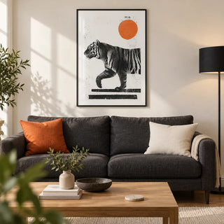 Indian Tiger Print, framed on the wall of a modern living room in a UK city flat with a warm white wall and oak floor