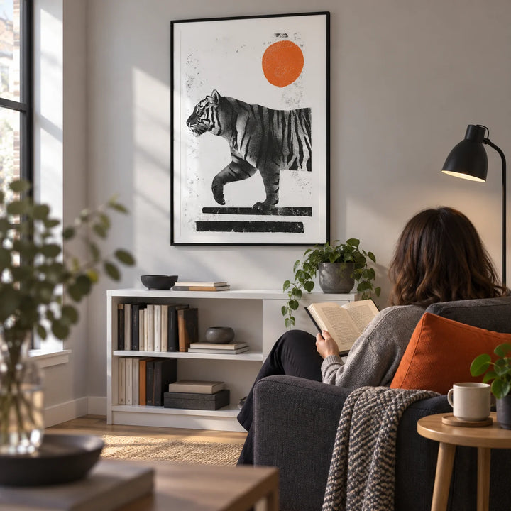 Indian Tiger Print, framed on the wall of a quiet reading corner in a modern UK flat with a pale grey wall in a living room