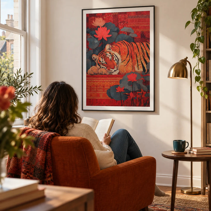 Indian Tiger Wall Art, framed on the wall of a quiet reading corner in a design-conscious UK flat with a warm white wall and a tall window in a living room