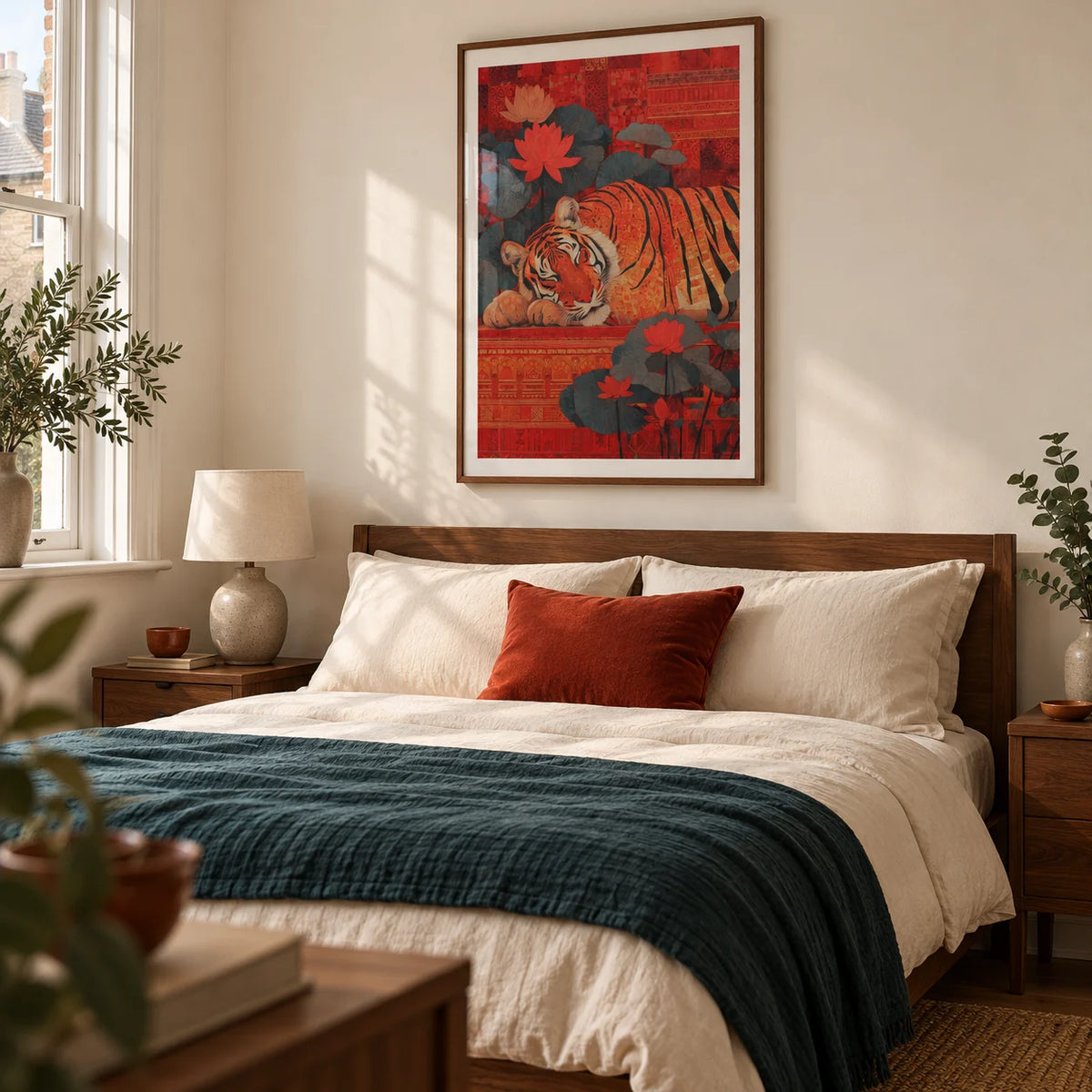 Indian Tiger Wall Art, framed on the wall of a restful adult bedroom in a UK terraced home with cream walls and simple walnut furniture