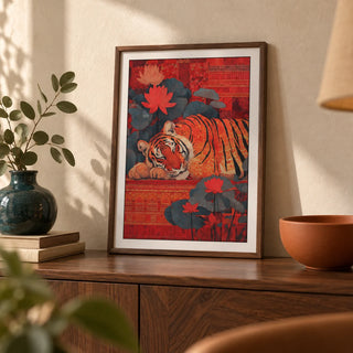 Indian Tiger Wall Art, a small A4 framed print leaning on a walnut sideboard in a living room