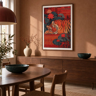 Indian Tiger Wall Art, framed on the wall of a warm modern dining room in a UK townhouse with muted clay plaster walls