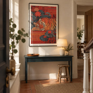 Indian Tiger Wall Art, framed on the wall of a welcoming hallway in a renovated UK terrace with warm off-white walls and a plain terracotta floor